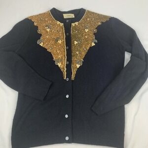 1960's Orlon Turbo By Spuncraft Inc Black Sweater Gold Sequins, Small Sparkly